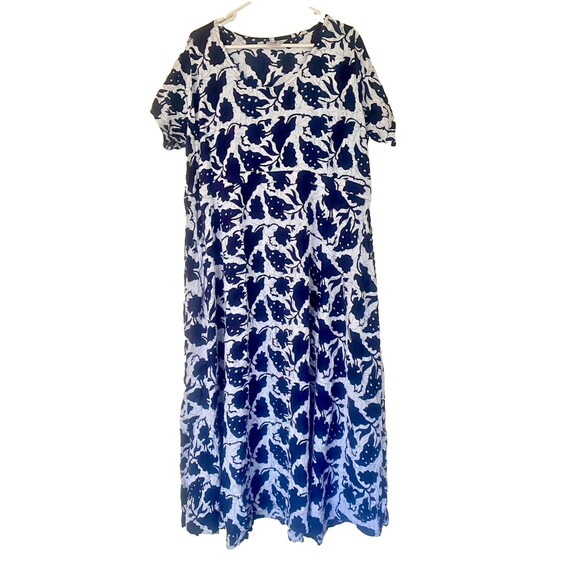 Las Manos 100% Rayon Indonesia Hippie Boho Navy Blue & White Tie Maxi Dress  1x - Picture 1 of 14